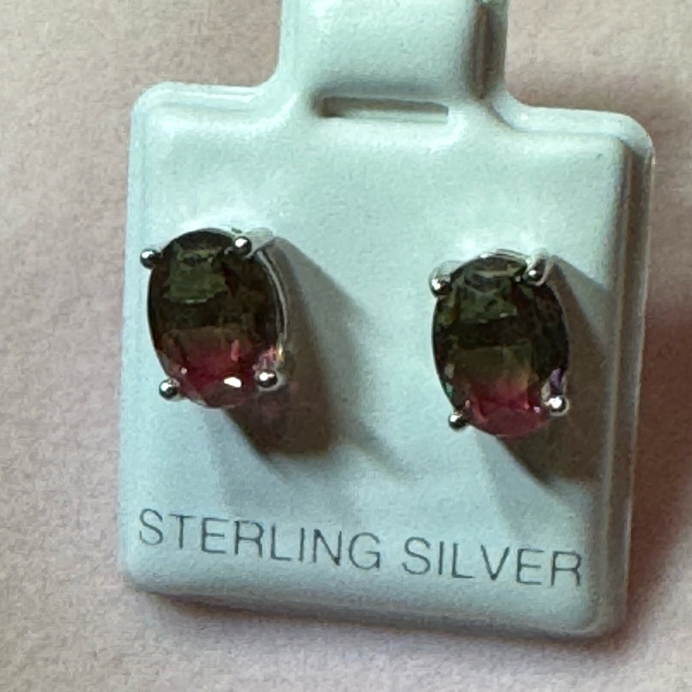 Silver Solitaire Stud Earrings with Watermelon Gemstones